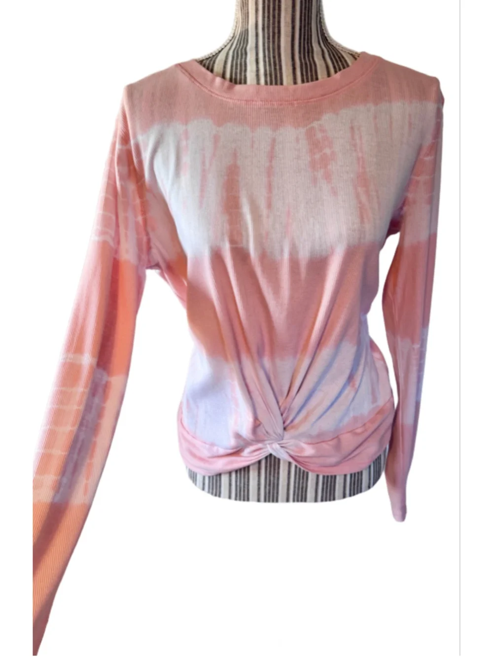 Justice 14-16 Long Sleeve Tie-Front Ribbed Tee, Peach-Pink and White